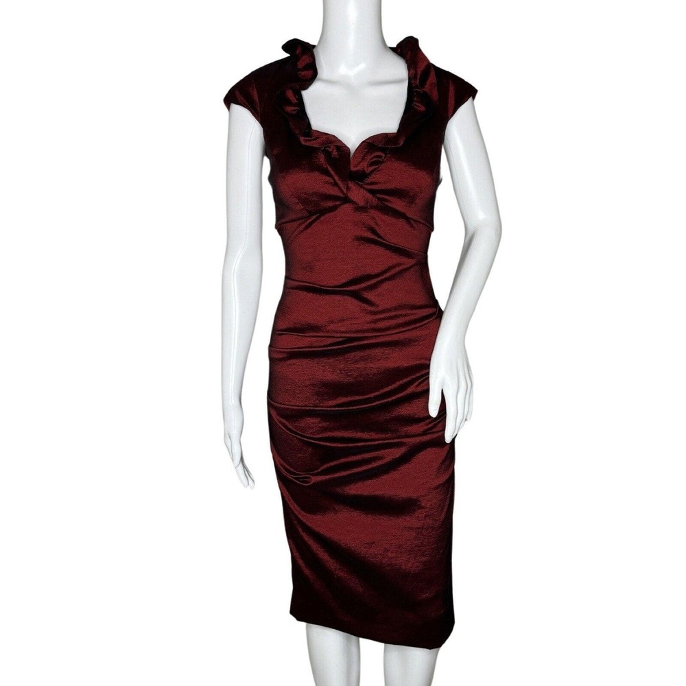 DJ-JAZ‎ Cocktail Dress Women 4 Burgundy Shimmer Ruched Ruffle Neck Bodycon Midi